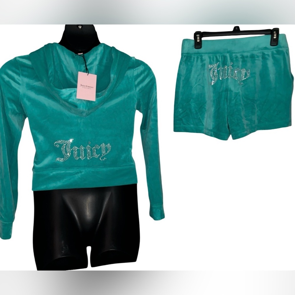 JUICY COUTURE COASTAL TEAL RHINESTONE VELOUR SHORTS & HOODIE SWEATSUIT NWT